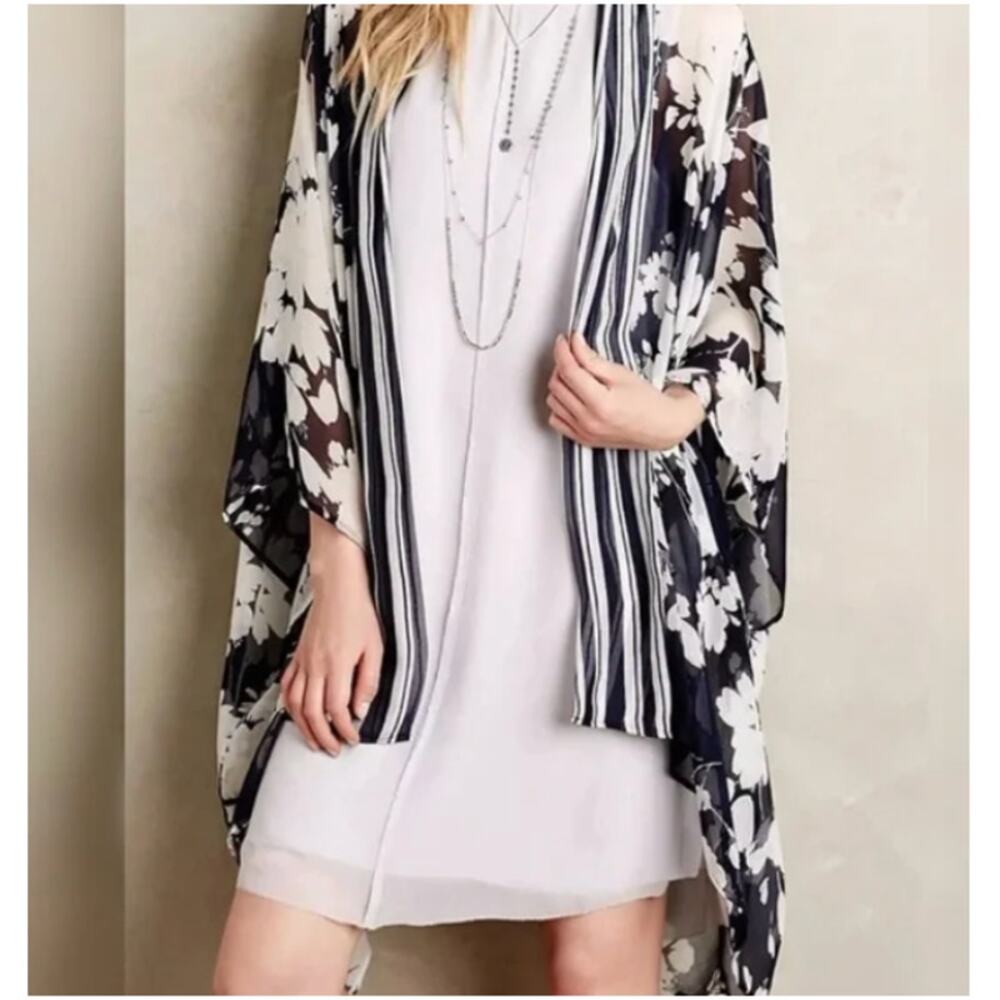 Anthropologie Elevenses Palolem Silk Floral Sheer Kimono 100% Silk Navy White